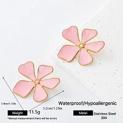 Pink 304 aretes esmaltados de acero inoxidable para mujer, flor, dorado, rosa, 34x32 mm