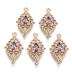 Thistle Brass Micro Pave Cubic Zirconia Links Connectors, with Glass, Long-Lasting Plated, Rhombus, Light Gold, Thistle, 20x12x4mm, Hole: 1.2mm