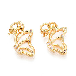 Настоящее золото 18K Подвески-булавки с микропаве из кубических цирконий и ракушек в форме чашечки-жемчужины из латуни, бабочка, за половину пробурено бисера, с целью перехода в кольце, реальный 18 k позолоченный, 17x10x3 мм, отверстие : 3 мм