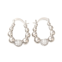 Платина Серьги-кольца с покрытием из латуни, круглыми шариками, микропаве, прозрачными кубическими цирконами, без свинца и без кадмия, долговечный, платина, 28x7.5 мм