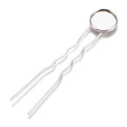 Серебро Железная фурниутра для шпилек, с плоскими круглыми настроек латунь кабошон, серебряный цвет гальваническим, лоток : 14 мм, 79x16x3 мм