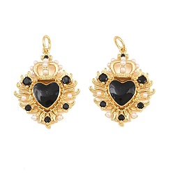Real 18K Gold Plated Brass Micro Pave Black Cubic Zirconia Pendants, with Black Enamel & ABS Plastic Imitation Pearl, Heart with Crown Charms, Cadmium Free & Lead Free, Rack Plating, Long-Lasting Plated, Real 18K Gold Plated, 23.5x19x5.5mm, Hole: 3mm