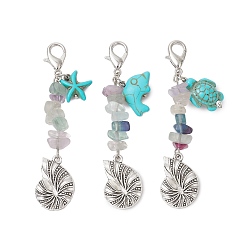 Античный Серебристый & Платиновый 3шт. подвесные украшения из сплава ракушек и натурального флюорита, Подвески в виде черепахи, морской звезды, дельфина, синтетической бирюзы и клешни лобстера для украшения сумок, старинное серебро и платина, 72.5~73.5 мм