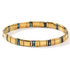 Средний Бирюзовый Стеклянные бусины эластичные браслеты для женщин, прямоугольные, средне бирюзовый, 6.30 дюйм (16 см) ~ 6.50 дюйм (16.5 см)