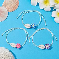 Mixed Color Natural Shell & Polymer Clay 3D Flower Link Bracelet, Braided Adjustable Bracelet, Mixed Color, Inner Diameter: 3-1/4 inch(8.2cm)