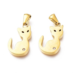 Golden Ion Plating(IP) 304 Stainless Steel Charms, with Crystal Rhinestone, Laser Cut, Manual Polishing, Cat, Golden, 21.5x12.5x3mm, Hole: 6.5x3mm