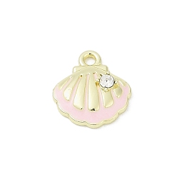 Pink Подвески из сплава эмали и стразов с покрытием стойки, без кадмия, без никеля и без свинца, формы раковины, золотые, розовые, 13x12x3.5 мм, отверстие : 1.5 мм