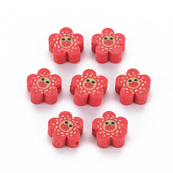Малиновый Бусины из полимерной глины , цветок с улыбающимся лицом, малиновый, 9~10x4 мм, отверстие : 1.5 мм