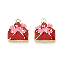 Красный Подвески из эмали и сплава, конверт прелести, золотые, без кадмия, без никеля и без свинца, красные, 18x15x2.5 мм, отверстие : 1.8 мм