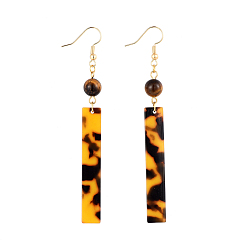 Tiger Eye Dangle Earrings, with Natural Tiger Eye Round Beads, Cellulose Acetate(Resin) Pendants and Real 18K Gold Plated Brass Earring Hooks, Rectangle, 89mm, Pin: 0.7mm