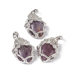 Аметист Подвески из натурального аметиста , овальные амулеты, с фурнитурой в виде розы из латуни платинового цвета, без кадмия, без никеля и без свинца, 25~26x19~19.5x9~9.5 мм, отверстие : 7.5x5.5 мм