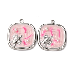 Pink 304 нержавеющей стальной эмали подвески, с абс пластмассовыми жемчужными бисером, квадрат с черепахой, розовые, 23.5x20.5x4 мм, отверстие : 1.8 мм
