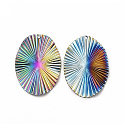 Rainbow Color Ion Plating(IP) 304 Stainless Steel Pendants, Oval Charms, Rainbow Color, 40x28x2mm, Hole: 1.6mm