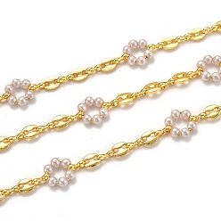 White Handmade Brass Link Chains, with Acrylic Imitation Pearl and Spool, Long-Lasting Plated, Unwelded, Golden, White, Links: 10.8x12.6x3.9mm and 7.2x5.6x1.3mm