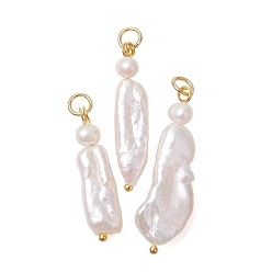 Золотой Подвески из натурального барочного жемчуга кеши, подвески-самородки с латунными петлями, цветочный белый, золотые, 26.5~33.5x7~11x4~6.5 мм, Перейти кольцо: 5x0.8 мм, внутренний диаметр: 3.5 мм