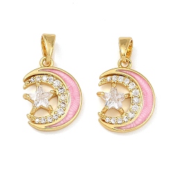 Pink Подвески из латуни с прозрачным фианитом, с эмалью, луна со звездными чарами, стойки покрытие, долговечный, без кадмия и без свинца, реальный 18 k позолоченный, розовые, 16x12x3 мм, отверстие : 5x3 мм