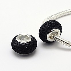 Черный Порошок блеск ручной Lampwork большое отверстие Rondelle европейские шарики, с двойными медными сердечниками с серебряным покрытием, чёрные, 14x9 мм, отверстие : 4.5~5 мм