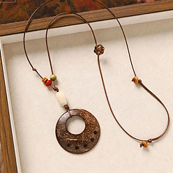 Flat Round Natural Coconut Pendant Adjustable Leather Cord Long Necklaces with Wood Beads, Coconut Brown, Flat Round, 31.50 inch(80cm), Pendant: 80x50mm