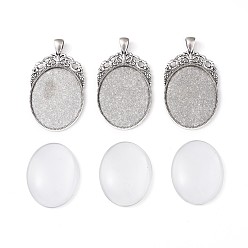 Antique Silver DIY Pendant Making, with Tibetan Style Oval Pendant Cabochon Settings and Transparent Oval Glass Cabochons, Antique Silver, Cabochons: 40x30x7~8mm, Settings: 60x32x2mm, Hole: 5x7mm, 2pcs/set