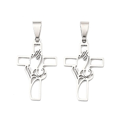 Нержавеющая Сталь Цвет 201 подвески из нержавеющей стали, крест с молящимися руками-оберег, анти-тускнение, цвет нержавеющей стали, 49.5x31.5x1 мм, отверстие : 9x4 мм
