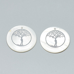 Platinum Freshwater Shell Pendants, Covered with Iron Findings, Flat Round with Tree of Life, Platinum, 30~31x2~3mm, Hole: 1.8mm