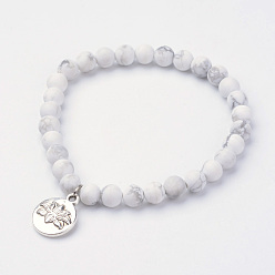 Howlite Flat Round Alloy Charm Bracelets, with Natural Howlite Beads, Antique Silver, 2-1/8 inch(55mm)