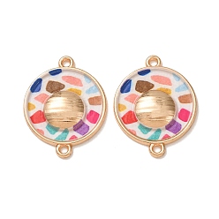 Blanco Dijes de conector de esmalte de aleación impresos, enlaces redondos planos de mosaico, chapado en rack, dorado, blanco, 23x18x3 mm, agujero: 1.4 mm