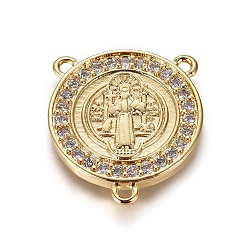 Golden Brass Cubic Zirconia Chandelier Component Links, 3 Loop Connectors, Religion, Flat Round with Saint Benedict, Clear, Golden, 19x17x2mm, Hole: 1mm
