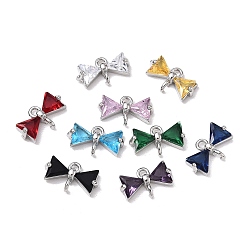 Platin Farbe Verbindungsstück-Anhänger aus Messing und Glas, bowknot Links, Gemischte Farbe, facettiert, Platin Farbe, 7.5x13x3.5 mm, Loch: 1.4 mm und 1.6 mm