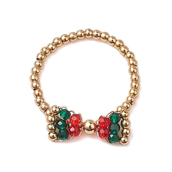 Разноцветный Рождественские тематические банты стеклянные бусины растягивающиеся кольца кольца, кольца на палец из латунных бусин для женщин, красочный, внутренний диаметр: 19 мм