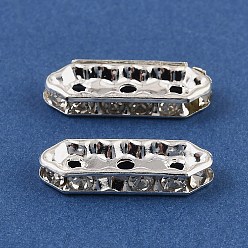 Серебро Латунные хрустальные стразы, разделительные планки, 3-луночное, шестиугольник, серебряные, 21x3.5x7 мм, отверстие : 1.5 мм