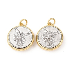 Настоящее золото 18K Латунные подвески, плоский круг со святым Михаилом, стойки покрытие, долговечный, без свинца и без кадмия, с целью перехода в кольце, реальный 18 k позолоченный, 22.5x20x7 мм, отверстие : 4 мм