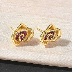 Настоящее золото 18K Серьги-гвоздики из латуни с микропаве из кубических цирконий в форме цветка розы, стойки покрытие, долговечный, без кадмия и без свинца, реальный 18 k позолоченный, 15x13 мм