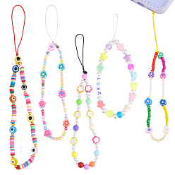 Colorful 5Pcs 5 Style Plastic & Resin Beaded Mobile Straps, with Polymer Clay Heishi Beads, Flower & Round & Evil Eye, Colorful, 1pc/style