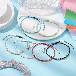 Mixed Color 6Pcs Glass Braided Bead Bracelets, Rondelle, with Brass & Seed Beads, Mixed Color, Inner Diameter: 3-3/8~5-1/8 inch(8.5~13.1cm)