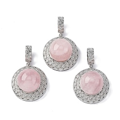 Розовый Кварц Природного розового кварца подвески, плоские круглые подвески из латуни с платиновым покрытием, стойки покрытие, долговечный, 35.5x22.5x15.5~16 мм, отверстие : 8x4 мм