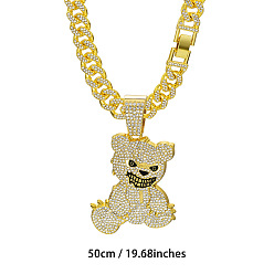 Золотой Мужские кубинские звенья цепи с подвеской в виде медведя из цинкового сплава, полностью украшенной кристаллами и стразами, золотые, 19.69 дюйм (50 см)