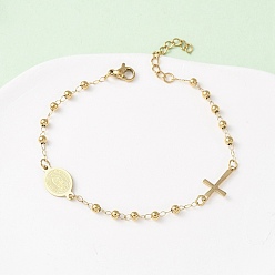 Золотой Религия 304 браслеты из нержавеющей стали, браслеты из круглых бусин для женщин, овал с девой марии и крестом, золотые, 7-3/8 дюйм (18.8 см)