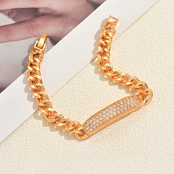 Rectangle Латунные браслеты с микропаве из чистого кубического циркония, кубинские браслеты для женщин, реальный 18 k позолоченный, прямоугольные, 7-1/2 дюйм (19 см)