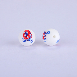 White Printed Round with Egg Pattern Silicone Focal Beads, White, 15x15mm, Hole: 2mm