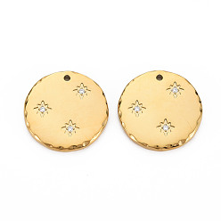 Настоящее золото 14K Ионное покрытие (ip) 304 подвески из прозрачного кубического циркония из нержавеющей стали с микропаве, без кадмия, без никеля и без свинца, плоско-круглые, реальный 14 k позолоченный, 19.5x2 мм, отверстие : 1.4 мм