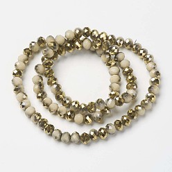 Linen Electroplate Opaque Glass Beads Strands, Half Golden Plated, Faceted, Rondelle, Linen, 8x6mm, Hole: 1mm, about 72pcs/strand, 16.14 inch(41cm)