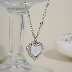 Серебро Винтаж 304 ожерелья из нержавеющей стали с подвеской в виде сердца из натуральной белой ракушки для женщин, серебряные, 16.14 дюйм (41 см)