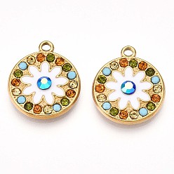 Разноцветный 304 из нержавеющей стали горный хрусталь подвески, плоские круглые с цветком, ионное покрытие (ip), реальный 18 k позолоченный, красочный, 20x17.2x4 мм, отверстие : 1.6 мм