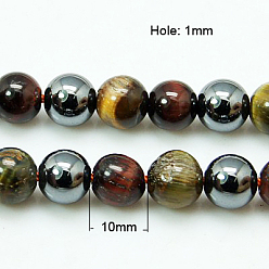 Saddle Brown Natural Tiger Iron & Synthetic Hematite Beads Strands, Dyed & Heated, Round, Saddle Brown, 10mm, Hole: 1mm, about 39pcs/strand, 15.7 inch