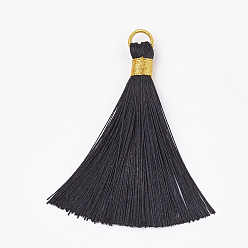 Black Polyester Tassel Big Pendant Decorations, with Metallic Cord, Black, 78~87x10~11mm, Hole: 7mm
