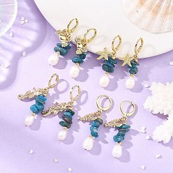 Golden Ocean Brass Leverback Earrings, Natural Apatite & Cultured Freshwater Pearl Beads Dangle Earrings, Alloy Dangle Earrings, Mixed Shapes, Golden, 40.5x9~14mm