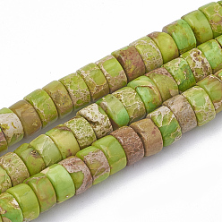 Vert Jaune Brins de perles de jaspe impérial synthétiques, perles heishi, Plat rond / disque, vert jaune, 6~6.5x3~3.5mm, Trou: 1mm, Environ 113 pcs/chapelet, 15.5 pouce