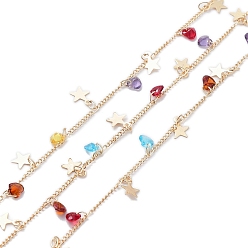 Golden Handmade Brass Curb Chains, with Colorful Cubic Zirconia and Star Charms, Soldered, with Spool, Golden, 2x1.5x0.5mm, about 16.40 Feet(5m)/Roll