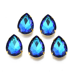Средно-синий Шить на горный хрусталь, многожильных ссылки, стекло горный хрусталь, с позолотой 201 зубцы из нержавеющей стали, аксессуары для одежды, граненые, слеза, светло-синий, 18x13x6.5 мм, отверстие : 1 мм